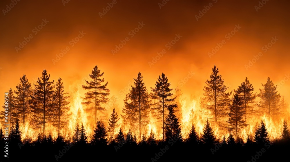 A towering forest engulfed in flames, with glowing embers and thick smoke in the air. Concept: Environmental disaster and devastation. A towering forest engulfed in flames, with glowing embers and thick smoke in the air. Concept: Environmental disaster and devastation.