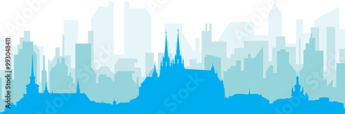 Blue panoramic city skyline poster with bluish misty transparent background buildings of BRNO, CZECH REPUBLIC