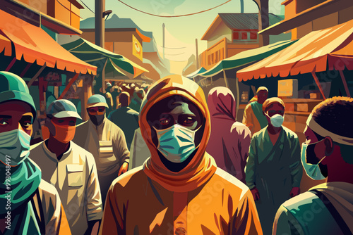 Bustling Market Scene with Masked People During Pandemic