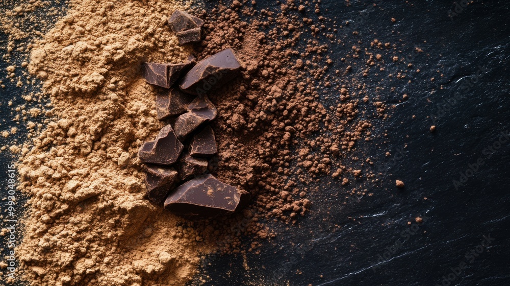 Dried Maca and Cacao Powders on Dark Surface Dried Maca and Cacao Powders on Dark Surface
