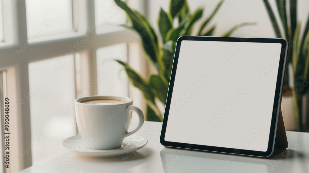 iPad on desk with blank screen for mockup, coffee cup beside it, warm morning light filtering in, creating a serene office atmosphere with soft shadows. iPad on desk with blank screen for mockup, coffee cup beside it, warm morning light filtering in, creating a serene office atmosphere with soft shadows.