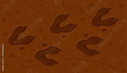 Prehistoric era dinosaur fossil footprints on the ground. Cartoon vector background with ancient dino reptile animal paw prints, trail impression. Jurassic archaeological and paleontology finds
