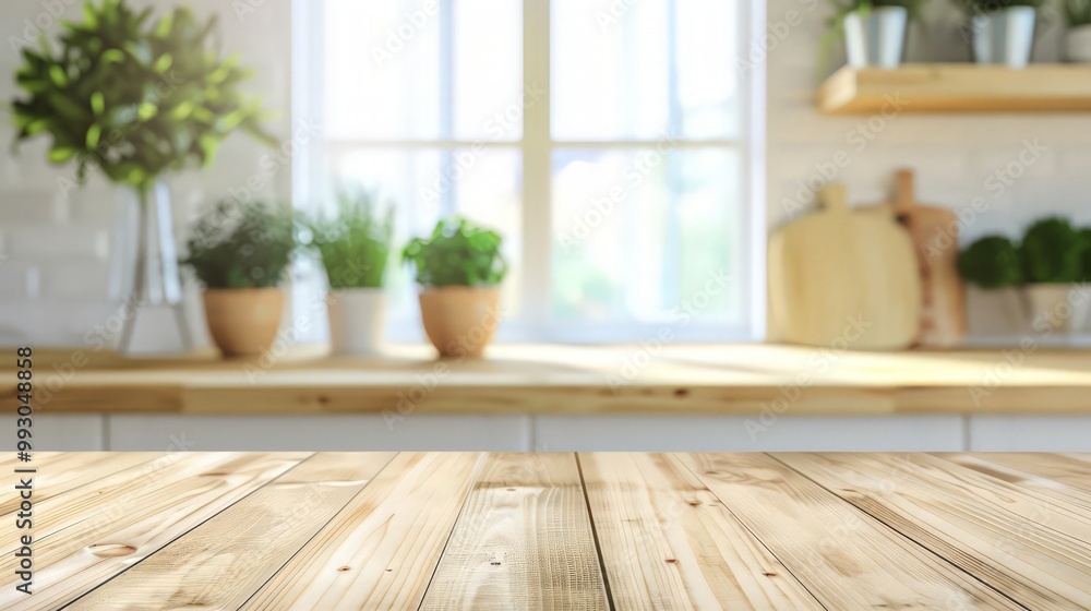 Wood table top on blurred kitchen background. can be used mock up for montage products display or design layout Wood table top on blurred kitchen background. can be used mock up for montage products display or design layout