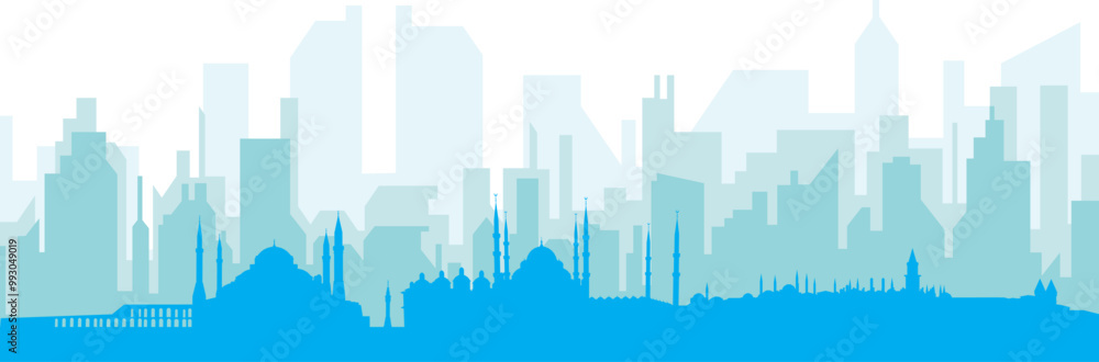 Obraz premium Blue panoramic city skyline poster with bluish misty transparent background buildings of ISTANBUL, TURKEY