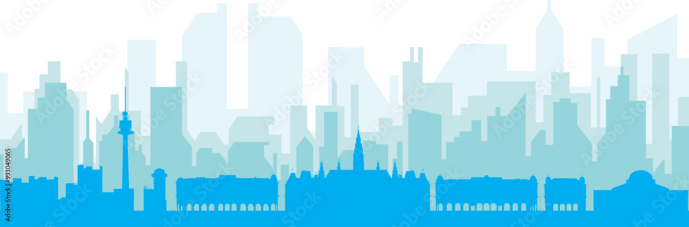 Naklejka premium Blue panoramic city skyline poster with bluish misty transparent background buildings of VIENNA, AUSTRIA