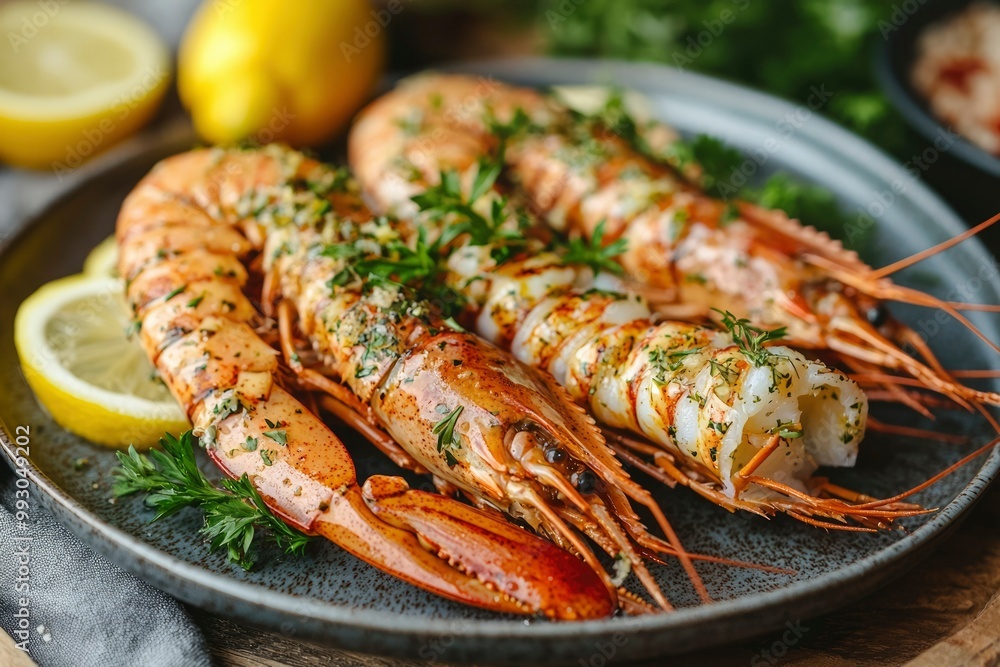 Grilled Langoustines with Lemon and Parsley on a Blue Plate Grilled Langoustines with Lemon and Parsley on a Blue Plate