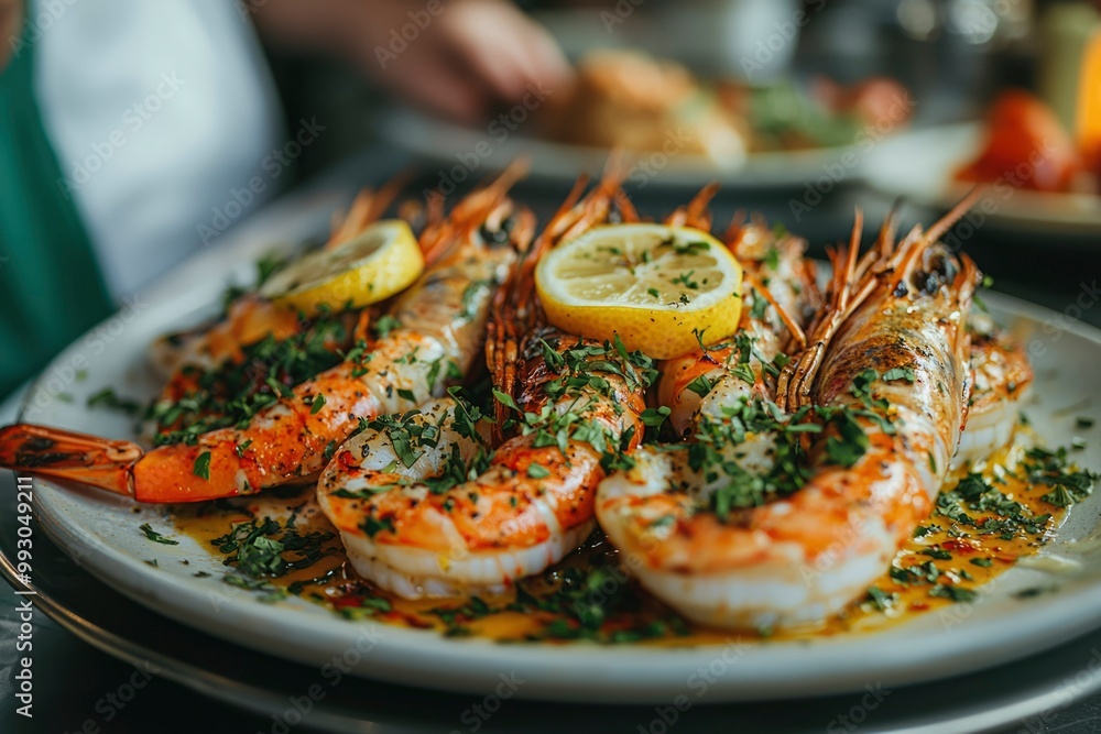 Close-up of Grilled Shrimp with Lemon and Parsley on a White Plate Close-up of Grilled Shrimp with Lemon and Parsley on a White Plate