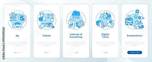 Technologies of industry 5.0 blue onboarding mobile app screen. Walkthrough 5 steps editable graphic instructions with linear concepts. UI, UX, GUI template. Montserrat SemiBold, Regular fonts used