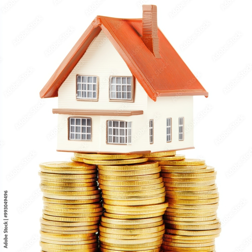 House Model on Stack of Gold Coins House Model on Stack of Gold Coins