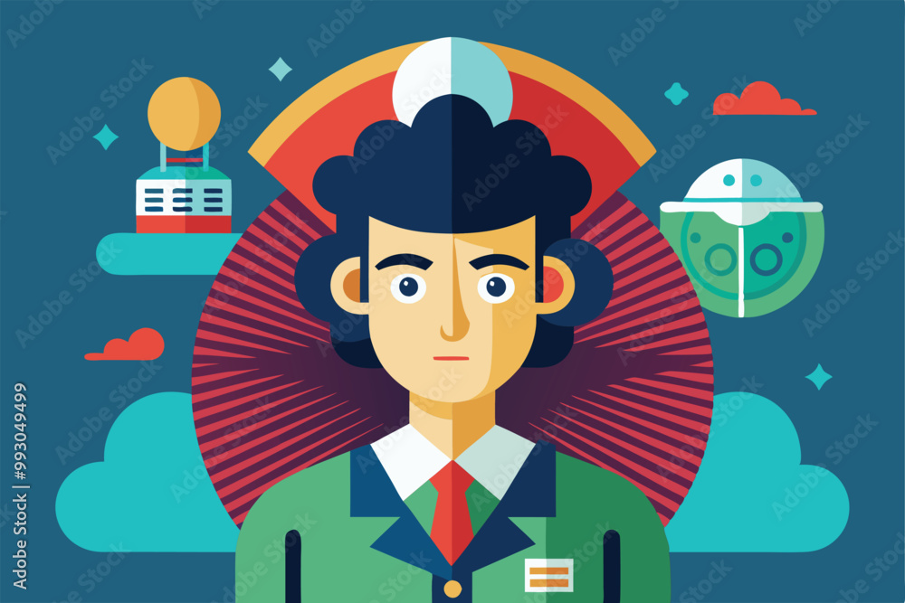 A customizable illustration showcases a figure surrounded by vibrant shapes and patterns in a modern design, Customizable semi-flat illustration with oversight