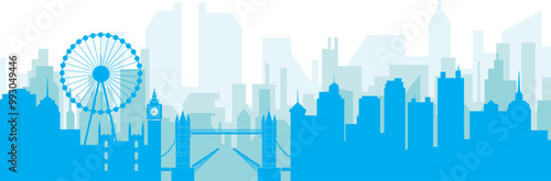 Blue panoramic city skyline poster with bluish misty transparent background buildings of LONDON, UNITED KINGDOM