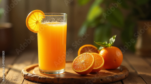 A glass of vibrant orange juice sits beside whole and sliced oranges. The natural light enhances the rich colors, creating an inviting and refreshing atmosphere