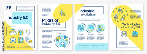 Industry 5.0 blue and yellow brochure template. Industrial revolution. Leaflet design with linear icons. Editable 4 vector layouts for presentation, annual reports. Questrial, Lato-Regular fonts used