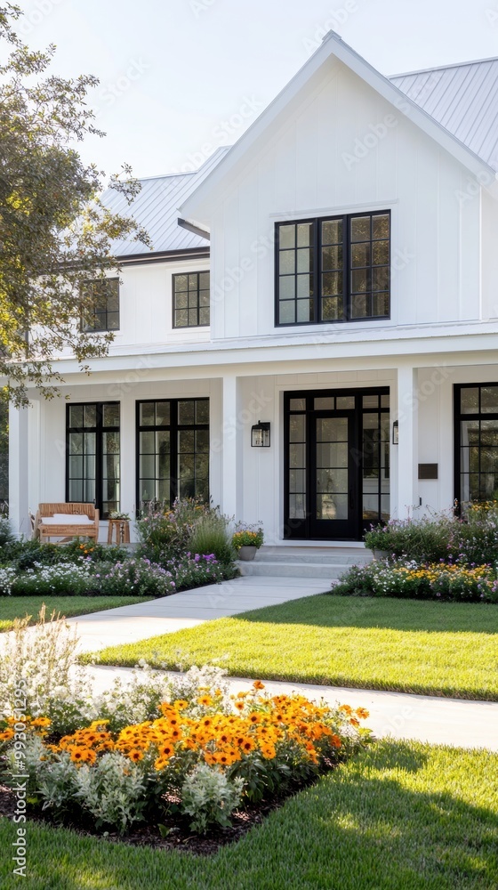 Obraz premium A charming white house with large windows and a welcoming porch, surrounded by vibrant flower beds and lush green grass.