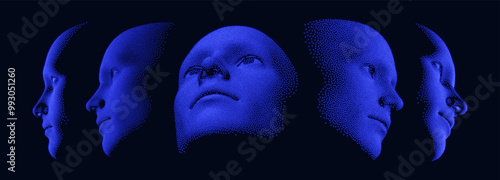 Five faces looking in different directions. Anonymous social cloaking. Network forming human face by AI. Concept of technology and robotics. 3D vector for banner, flyer, poster, cover or brochure.