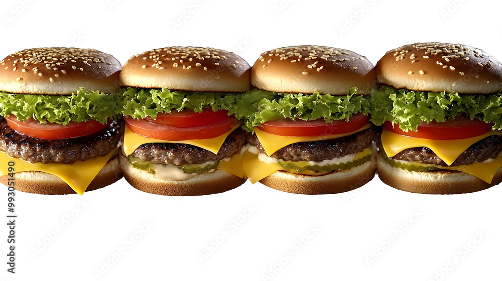 A line of hamburgers with cheese, tomatoes, lettuce, and tomato slices A line of hamburgers with cheese, tomatoes, lettuce, and tomato slices