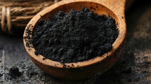 Dried Shilajit Powder on Wooden Spoon