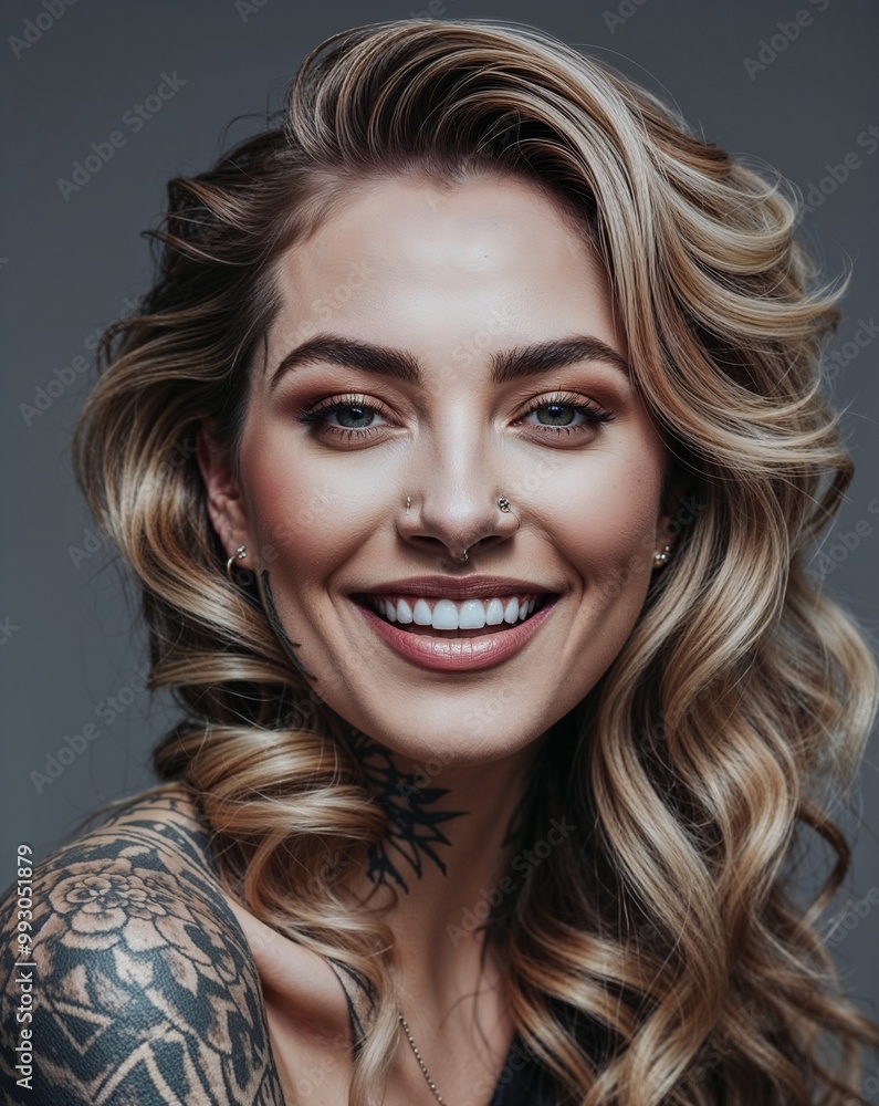 Beauty photography of a cheerful, beautiful young woman with wavy blonde hair, tattoos and piercings. Beauty photography of a cheerful, beautiful young woman with wavy blonde hair, tattoos and piercings.