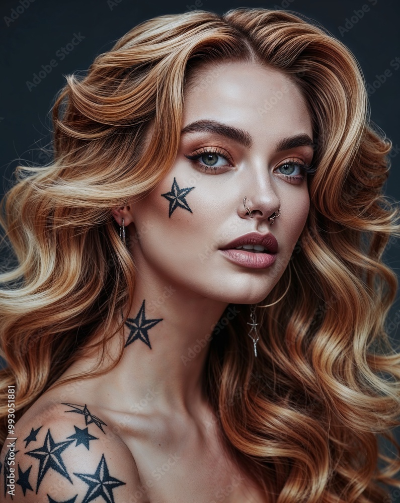 Beauty photography of a beautiful young woman with wavy blonde hair, tattoos and piercings. Beauty photography of a beautiful young woman with wavy blonde hair, tattoos and piercings.