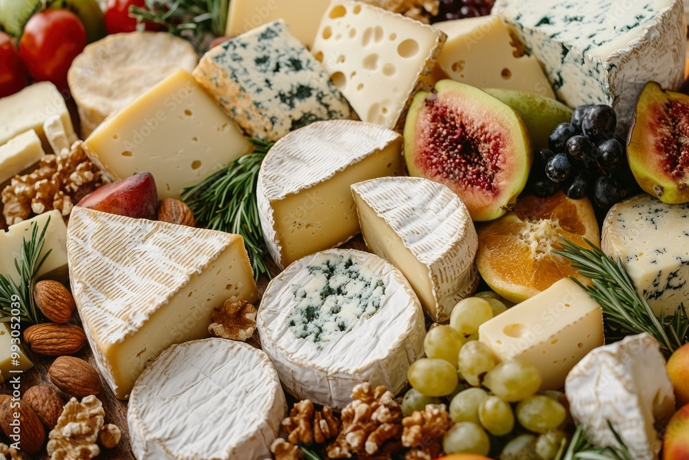 A Close-Up View of a Cheese Board with Various Cheeses, Fruits, and Nuts A Close-Up View of a Cheese Board with Various Cheeses, Fruits, and Nuts