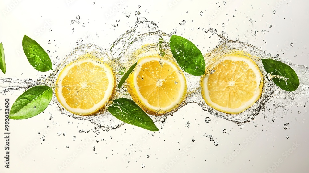 Lemon fruit slice leaves and water splash on white background Lemon fruit slice leaves and water splash on white background