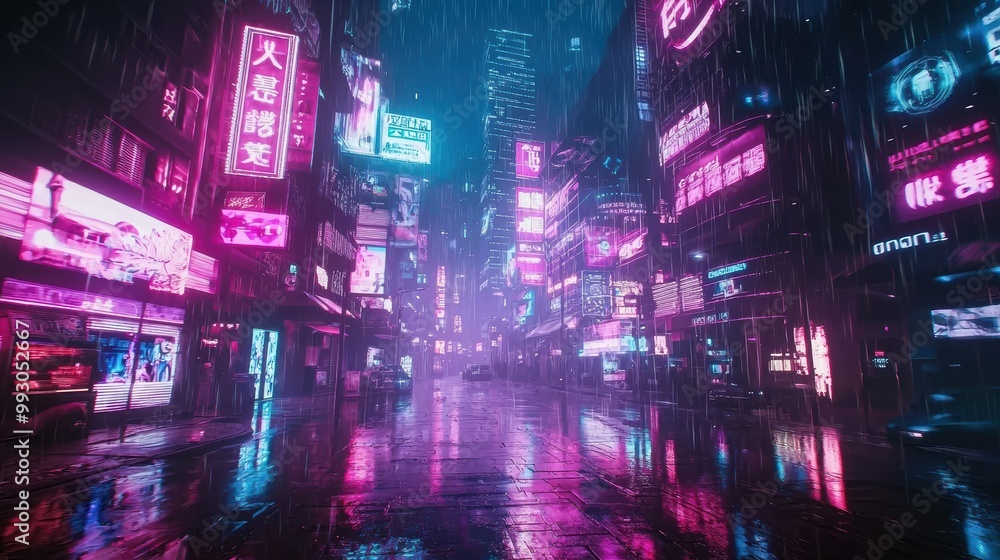 Neon Futuristic City at Night with Rain Effects Neon Futuristic City at Night with Rain Effects