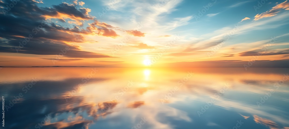 Fototapeta premium A serene, coastal sunset with a clear horizon line and space for text