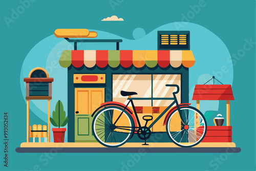 A colorful bicycle parked next to a quaint shop with vibrant awnings, set against a clear blue sky, Customizable semi-flat illustrations for bicycle shop.