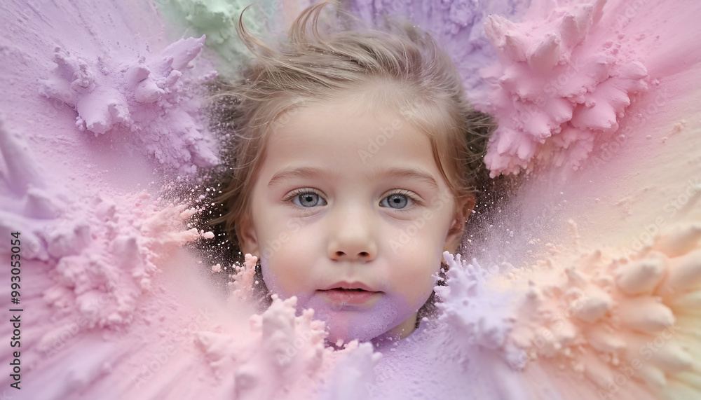Closeup facial of little girl with pastel colored powder explosion. Closeup facial of little girl with pastel colored powder explosion.