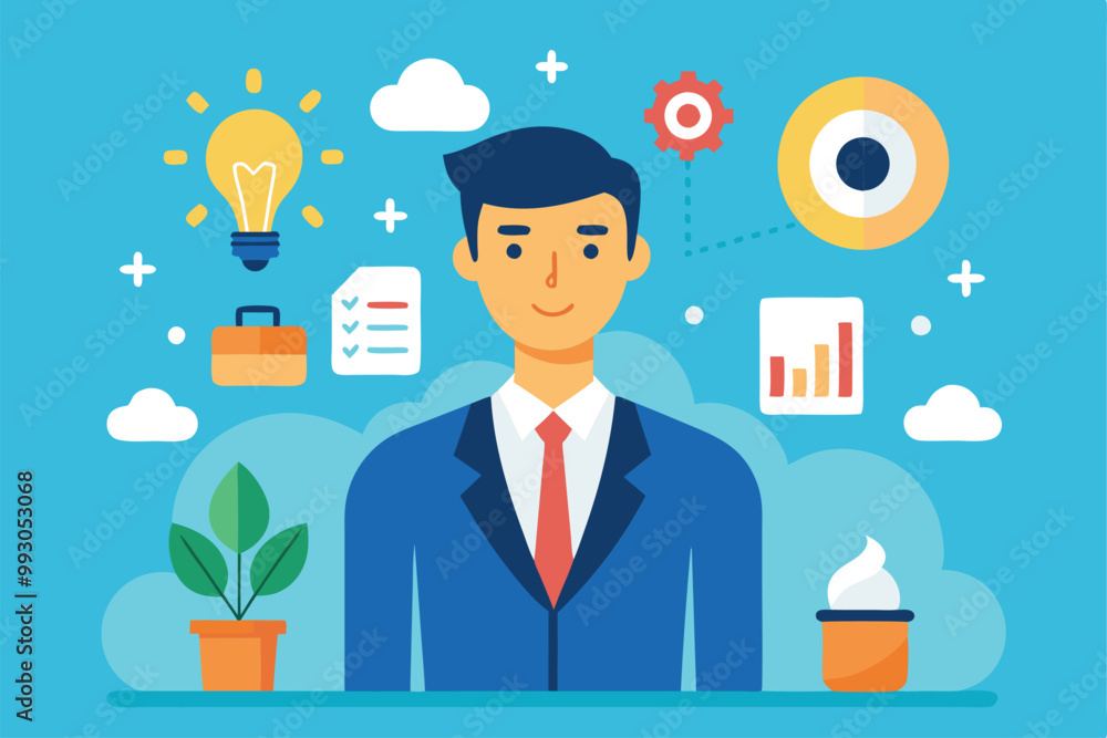 A professional man stands confidently, surrounded by symbols of innovation and productivity in a bright setting, Customizable semi flat illustration for business risk. A professional man stands confidently, surrounded by symbols of innovation and productivity in a bright setting, Customizable semi flat illustration for business risk.