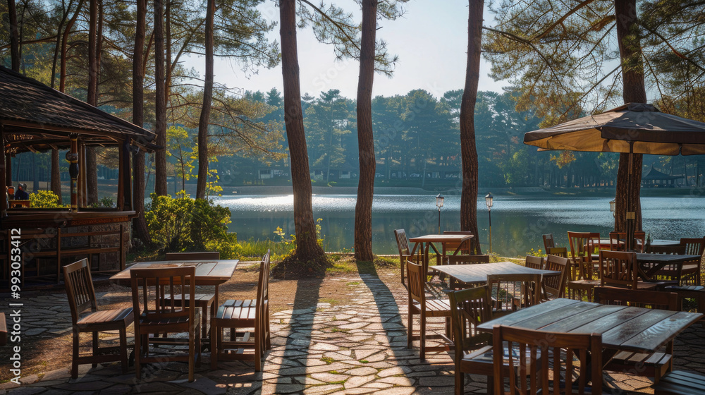 A peaceful nature-themed restaurant in a pine forest by a lake, offering outdoor seating with serene views A peaceful nature-themed restaurant in a pine forest by a lake, offering outdoor seating with serene views