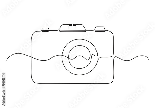 Modern camera continuous one line drawing. Isolated on white background vector illustration