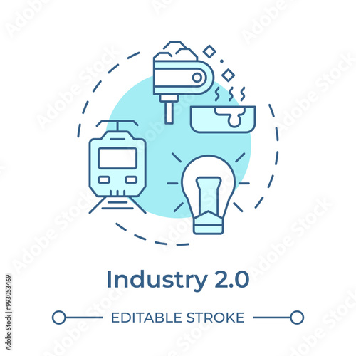 Industry 2.0 soft blue concept icon. Second industrial revolution. Electricity and mass production. Round shape line illustration. Abstract idea. Graphic design. Easy to use in article