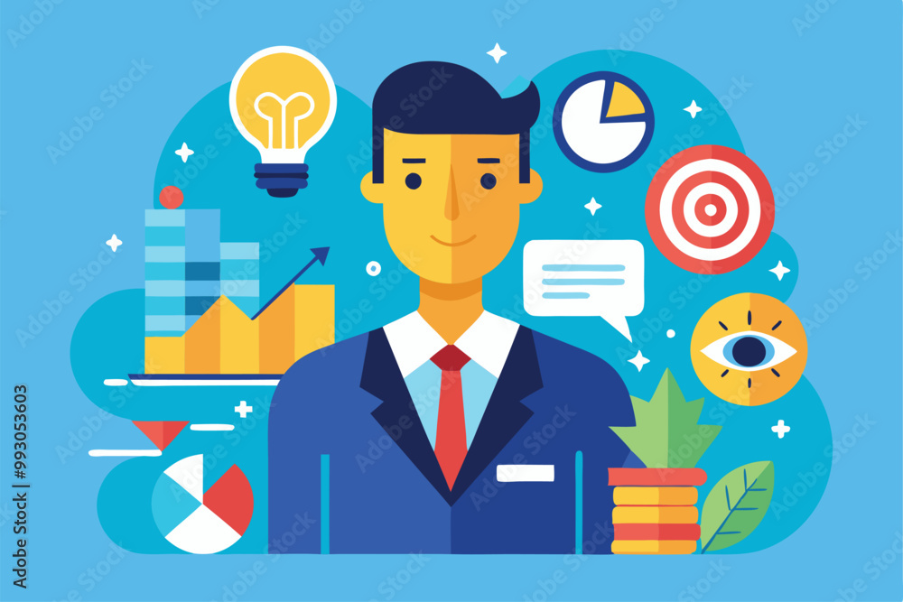A businessman stands with various business-themed elements highlighting analytics and growth metrics, Customizable semi flat illustration for business risk. A businessman stands with various business-themed elements highlighting analytics and growth metrics, Customizable semi flat illustration for business risk.