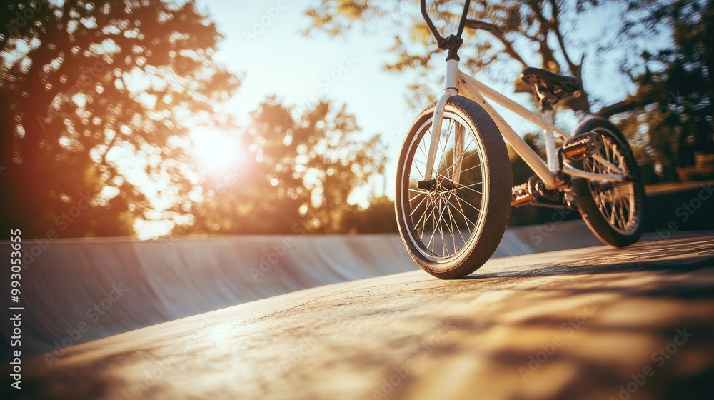 Obraz premium A BMX bike rests on a ramp during sunset, highlighting a moment of leisure and sport.