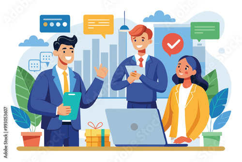 A diverse team engaged in discussion, utilizing technology for a productive business consultation, Customizable semi-flat illustrations for consultative sales.