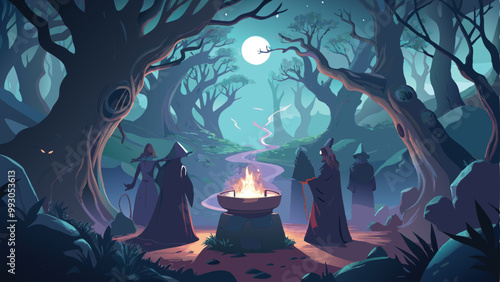 Print Witches Coven in a Haunted Forest Clearing Halloween Background Vector Illustration