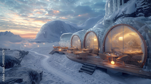 A unique nature restaurant set in an icy, snowy landscape, offering cozy outdoor seating amidst the snow