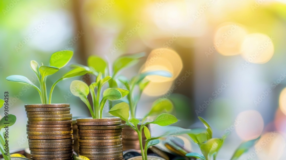 Financial Growth Concept with Green Plants and Coins Financial Growth Concept with Green Plants and Coins