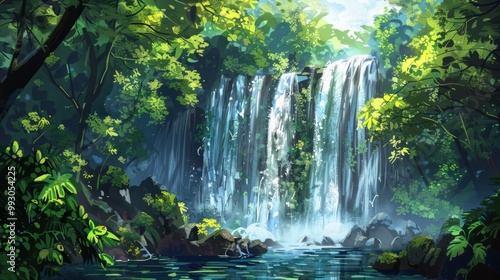 Waterfall Illustration. Scenic Cascade Waterfall in Lush Tropical Forest Landscape