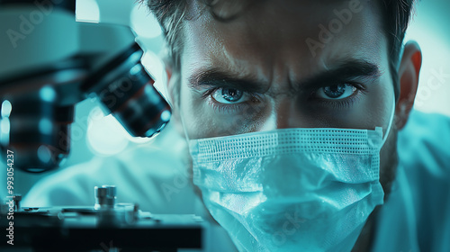 scientist wearing a protective mask and medical gown is looking through a microscope in a laboratory close up photo