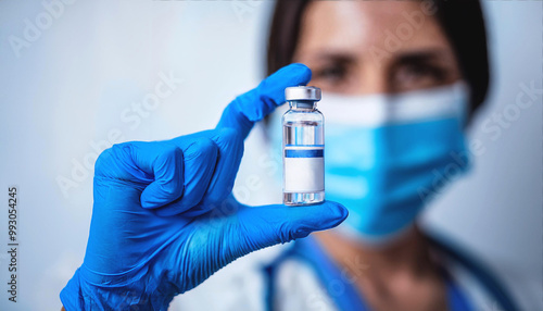 Doctor hands in blue gloves holding measles,coronavirus,covid vaccine photo