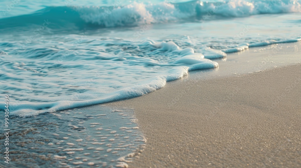 Obraz premium Waves Surf. Foamy Waves Rolling Up on Sandy Beach, a Nature Scene by the Ocean