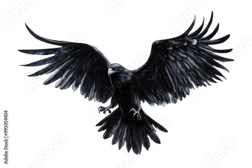 Black raven with spread wings, isolated background transparent background photo