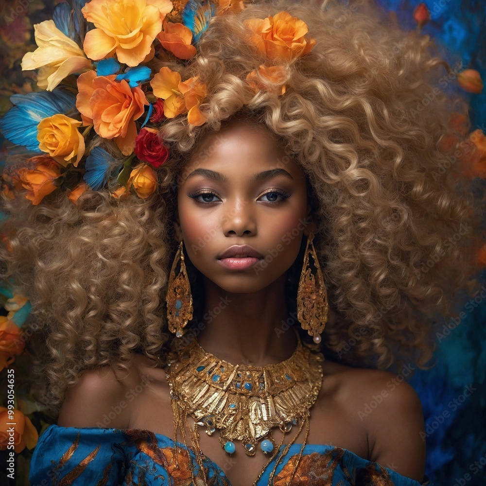Fototapeta premium Dreams of an ebony-skinned African-American girl with golden locks as a fairy tale.