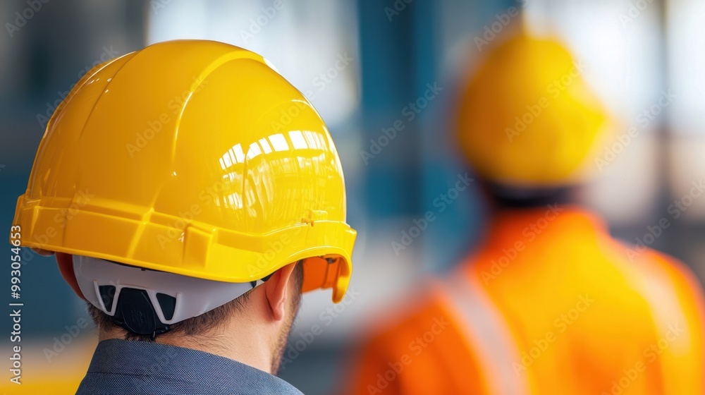 Two construction workers wearing yellow hard hats in industrial environment, focusing on safety and teamwork during a project. Two construction workers wearing yellow hard hats in industrial environment, focusing on safety and teamwork during a project.