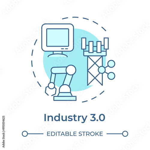 Industry 3.0 soft blue concept icon. Third industrial revolution. Digital transformation. Computers. Round shape line illustration. Abstract idea. Graphic design. Easy to use in article