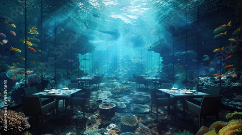 An underwater nature-themed restaurant surrounded by tropical fish, offering a stunning ocean view