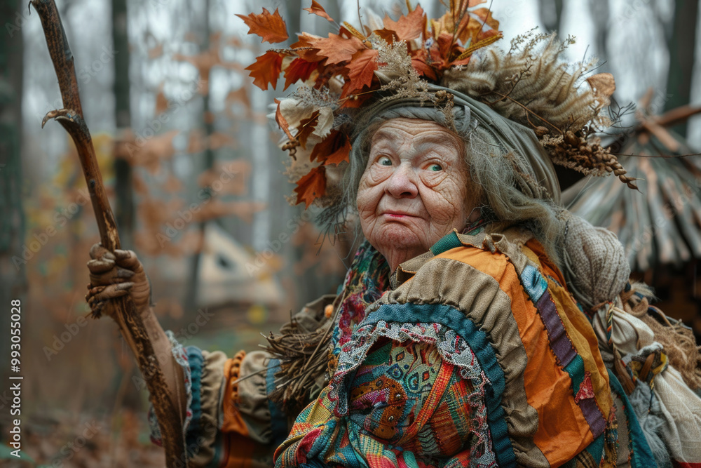 A Baba Yaga, the quirky character from Russian folklore, in a playful pose A Baba Yaga, the quirky character from Russian folklore, in a playful pose