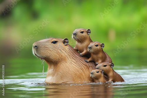 Capybara family happily playing in the water